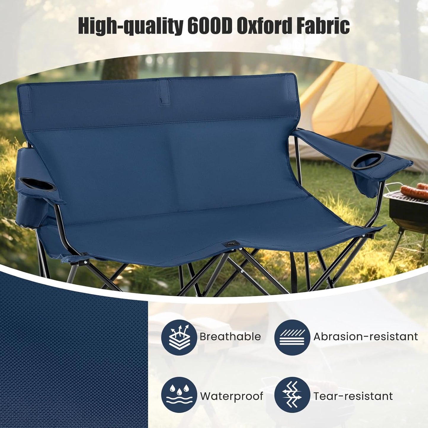 Goplus Double Camping Chair, Oversized Heavy Duty Camping Loveseat for Adults, Portable Folding 2 Person Camping Chair with Cup Holder for Outdoor Lawn Beach Backyard