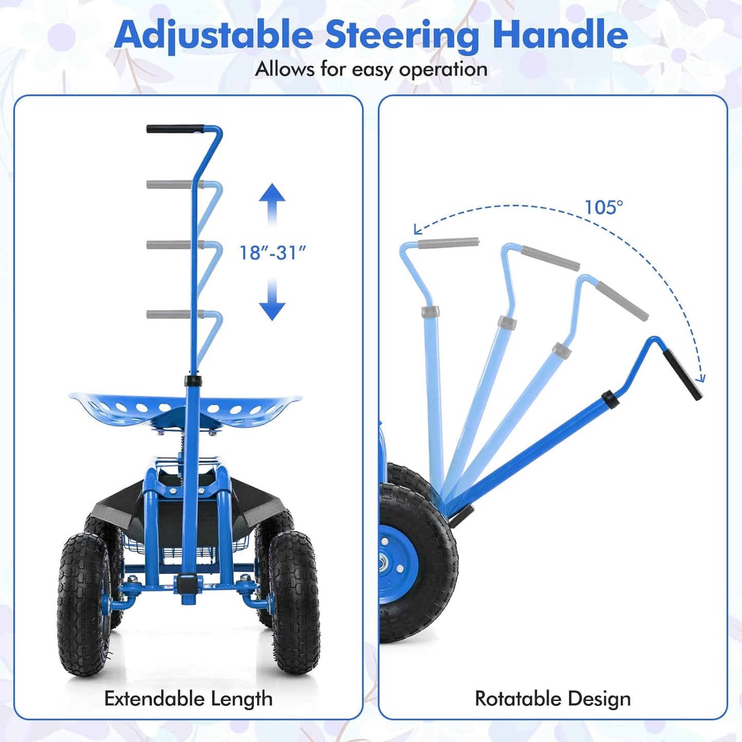 Goplus Rolling Garden Seat with Wheels, Outdoor Gardening Scooter with 360° Swivel Seat, Tool Tray & Basket, Adjustable Steering Handle for Lawn, Gardening Stool, Garden Cart for Planting