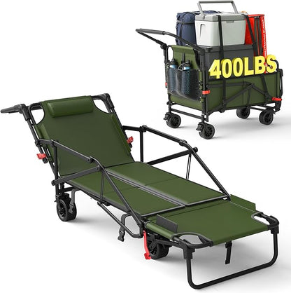 LEVELEVE Heavy Duty Folding Wagon - 2-in-1 Collapsible Cart, 400lb Capacity, All-Terrain Wheels w/Brakes & Side Pockets (Army Green)