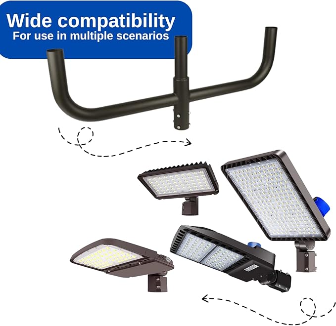 180 Degree Bullhorn Mounting Bracket Tenon, 2-3/8 Round Triple Light Pole Mount Arm Tenon Adaptor for 3 Slip Fitter Lights Led Parking Lot Light, Street Area Lighting Solid Heavy Duty Steel