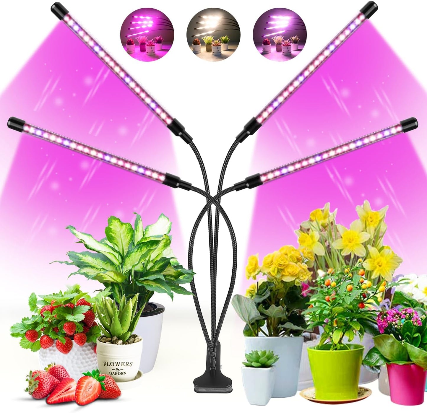 Wolezek Grow Lights for Indoor Plants, 80 LEDs 4 Heads Full Spectrum Red & Blue Plant Light with Clip, Grow Lamp with 6/12/16H Auto Timer, 3 Switch Modes for Seedlings and Succulents