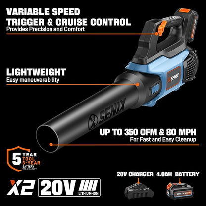 SENIX 20V Max Leaf Blower, Cordless, Brushless, Handheld, Up to 350 CFM and 80 MPH, 2 Speed Mode, Cruise Control, Lightweight, 4.0 Ah Battery and Charger Included (BLAX2-M)