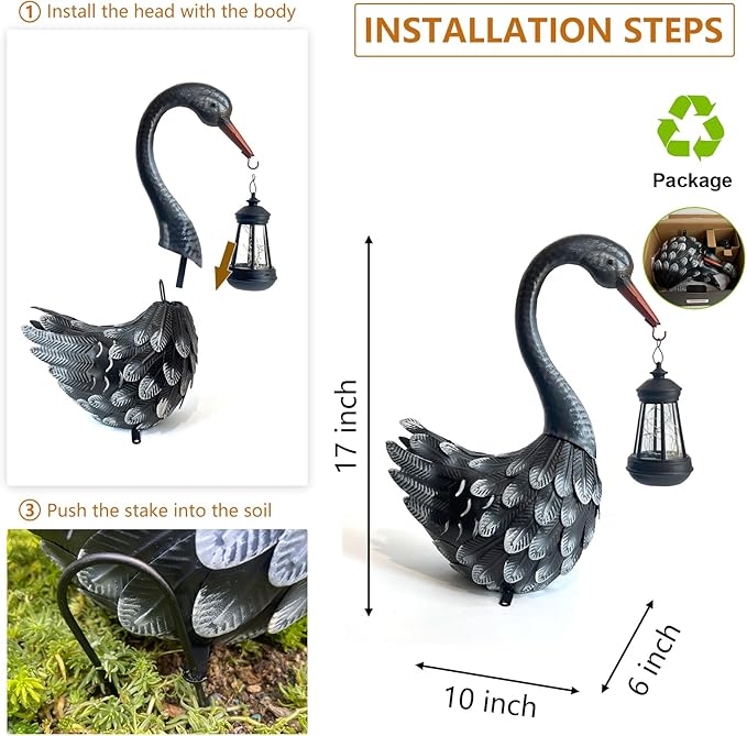 HONGLAND Solar Garden Statue Outdoor Swan Decor Bird Decor Lawn Ornament for Backyard Patio Porch Poolside（Black）