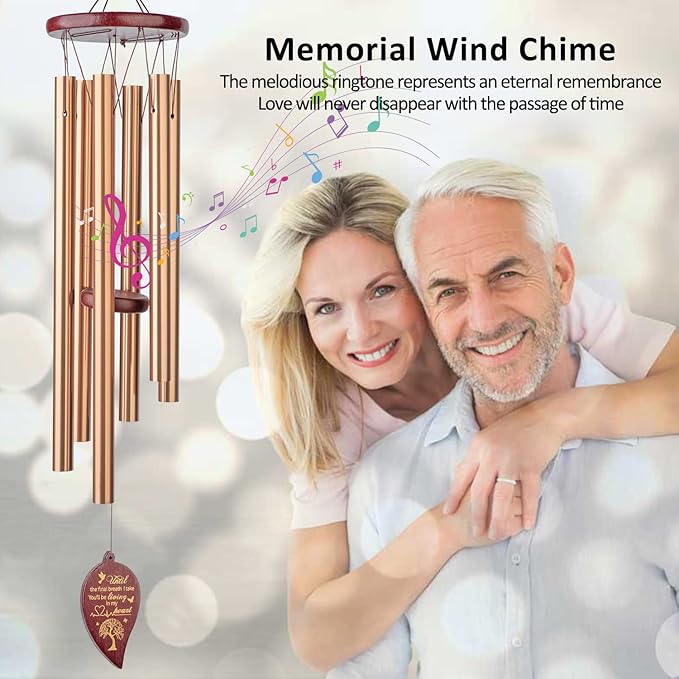 Memorial Wind Chimes Outdoor - 30 Inch 6 Rustproof Aluminum Tubes Wooden Wind Bell Sympathy Romantic Wind Chimes for Outside, Best Gift for Home Decor Garden Patio Outdoor(Golden)