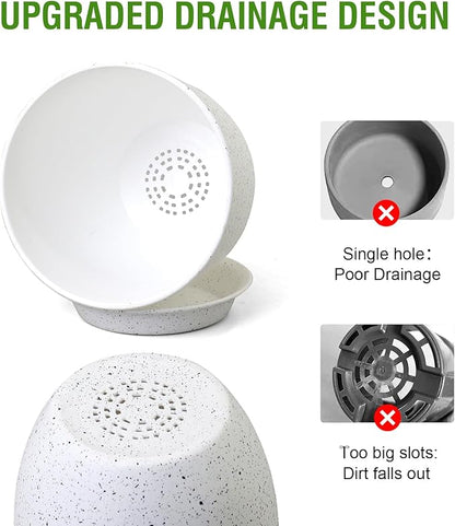 10/9/8 inch Medium Plant Pots, Set of 3 Modern Decorative Plastic Planters with Drainage Holes and Saucers for Garden House Plants, Flower Pots for Indoor Outdoor Plants, Speckled White
