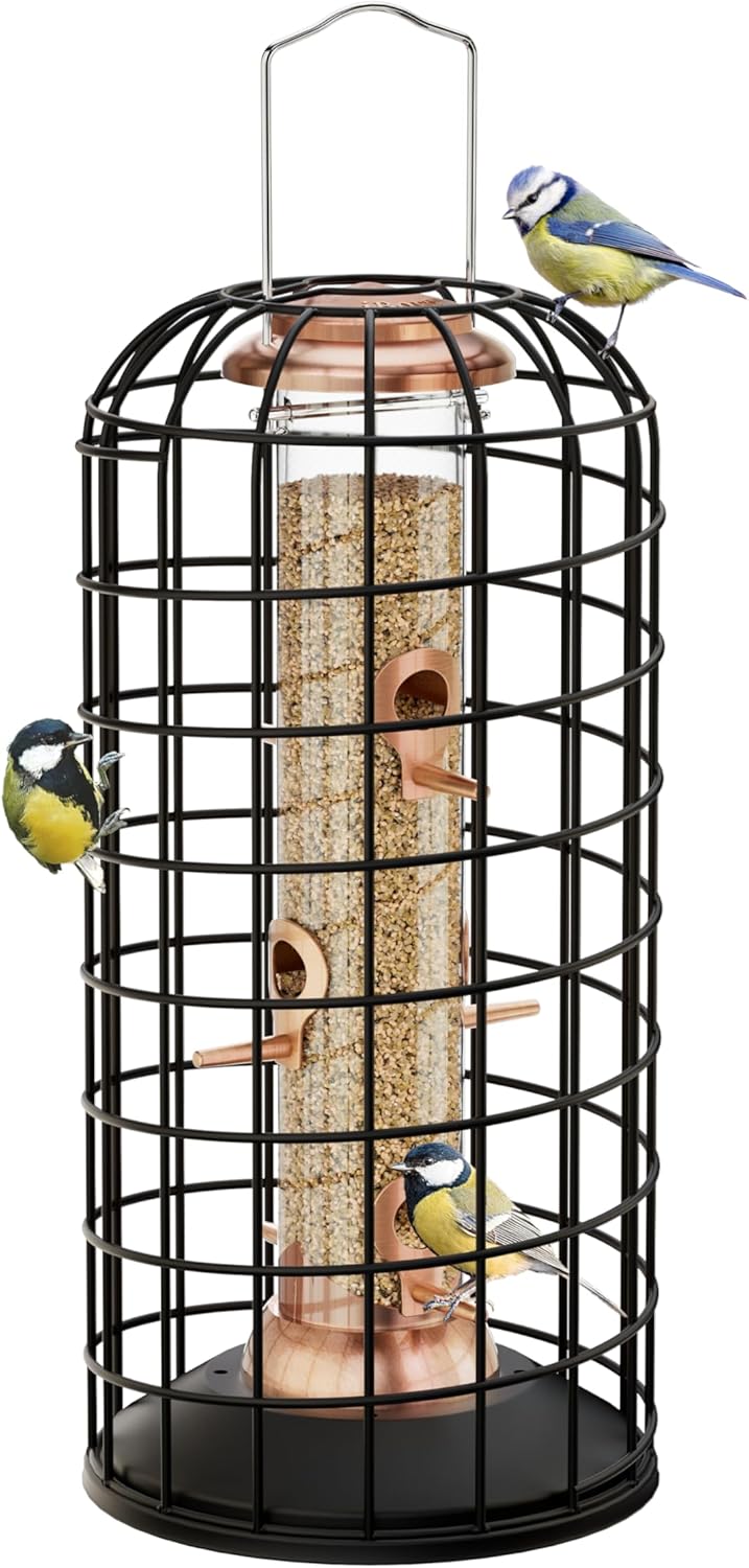 iBorn Squirrel Proof Bird Feeder - Pigeon Proof Cage for Outside With Pestoff Hanging Wild Bird Seed for Mix Blends - Heavy Duty All Metal Copper 14 Inch