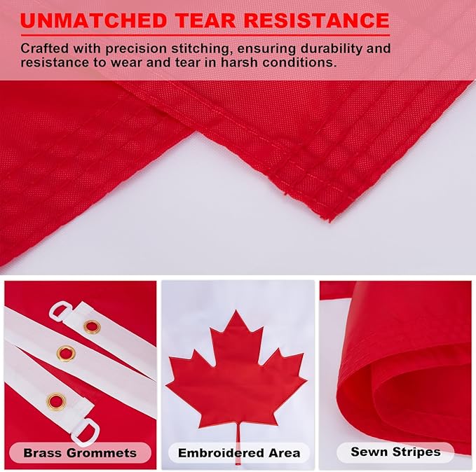 5x8 FT Outdoor Canada Flag Canadian National Flag with Embroidered Maple Leaf Heavy Duty 210D Nylon Sewn Stripes with 2 Brass Grommets for Garden, Home & Wall Decor