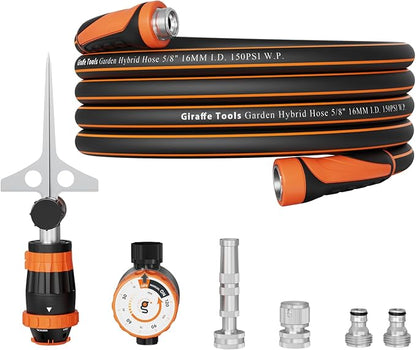 Giraffe Tools Garden Hose 25ft x 5/8", Water Hose Heavy Duty, Flexible with Water Timer Nozzle and Yard Sprinkler, Lightweight Hybrid Hose with Swivel Handle, Male to Female Fittings, Burst 600 PSI
