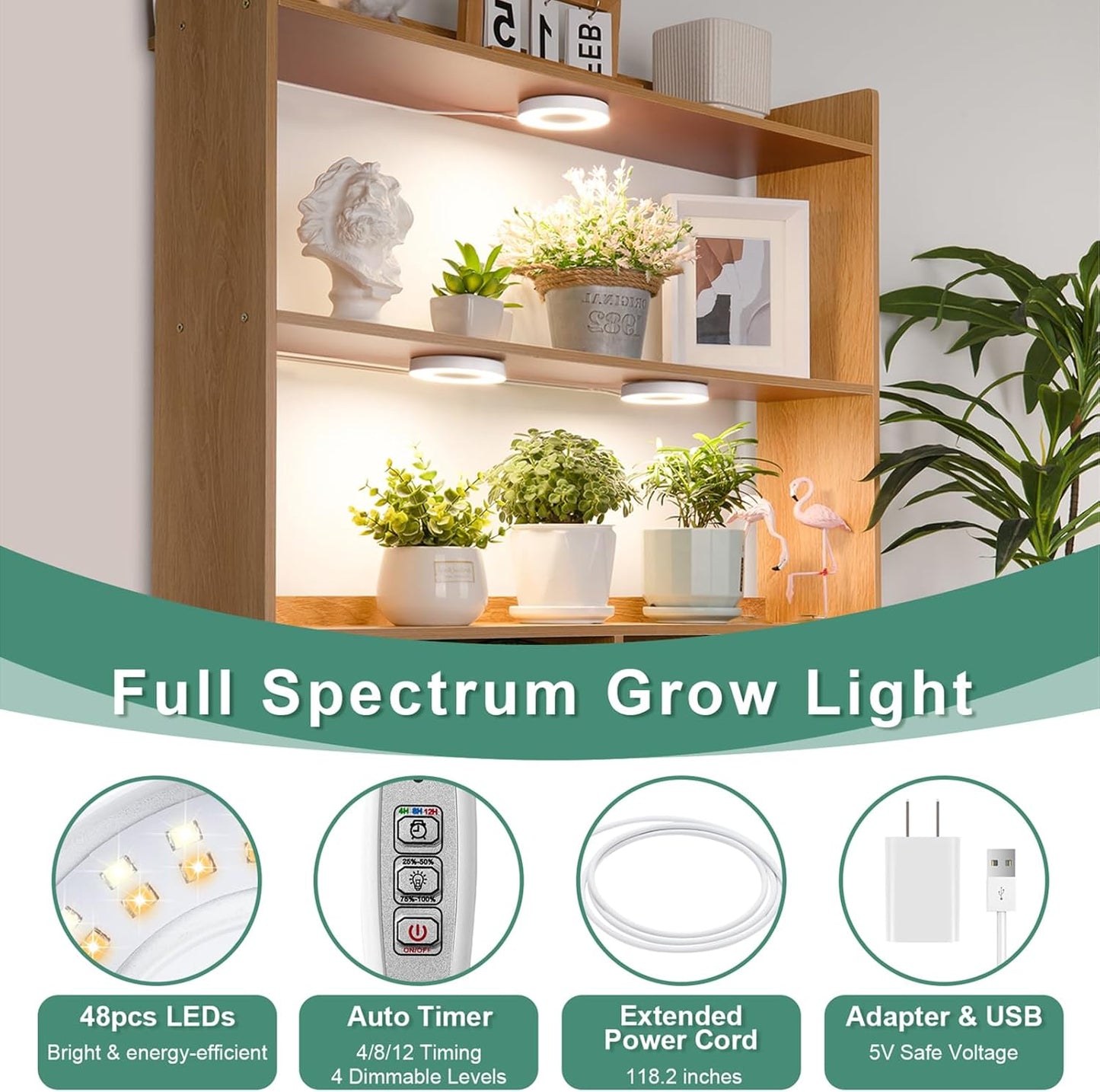 LORDEM Grow Light for Indoor Plants, 48 LEDs Ceiling Full Spectrum Plant Light, 5V Corded Growing Lamp with 4/8/12H Auto Switch, 4 Dimmable Brightness Levels, Single-Head, 3 Pack