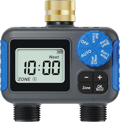 Sprinkler Timer, 2 Zone Programmable Hose Timers for Watering with Brass Swivel, Digital Irrigation Controller System with Rain Delay/Manual/Automatic Watering for Outdoor Garden Yard Lawn