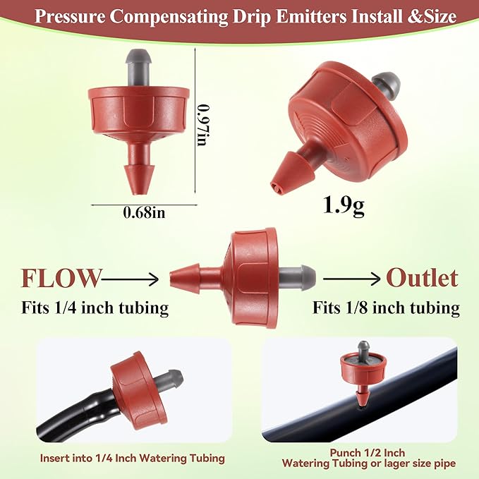 60Pcs 0.75 GPH Pressure Compensating Irrigation Spot Drippers,Constant Flow Barb Outlet Watering Dripper Emitters Heads Parts for 1/4 Inch Watering Tubing Line for Garden Pots Plants Irrigation System