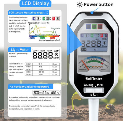 Soil Moisture Meter, 7-in-1 Soil PH Tester/Soil Moisture/Fertility with Removable Probe, Digital Air Temp/Humidity/Sunlight Intensity/BGR Spectral for Plants Gardening, Lawn and Indoor Outdoor Plants