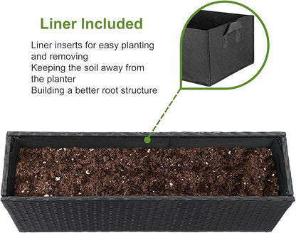 LEWIS&WAYNE Large Rectangular Block Planter Box Handmade Wicker Tall Planters for Outdoor Plants with Removable Liners Modern Planter for Indoor Outdoor Patio Deck - Black, 36''x12''x16''