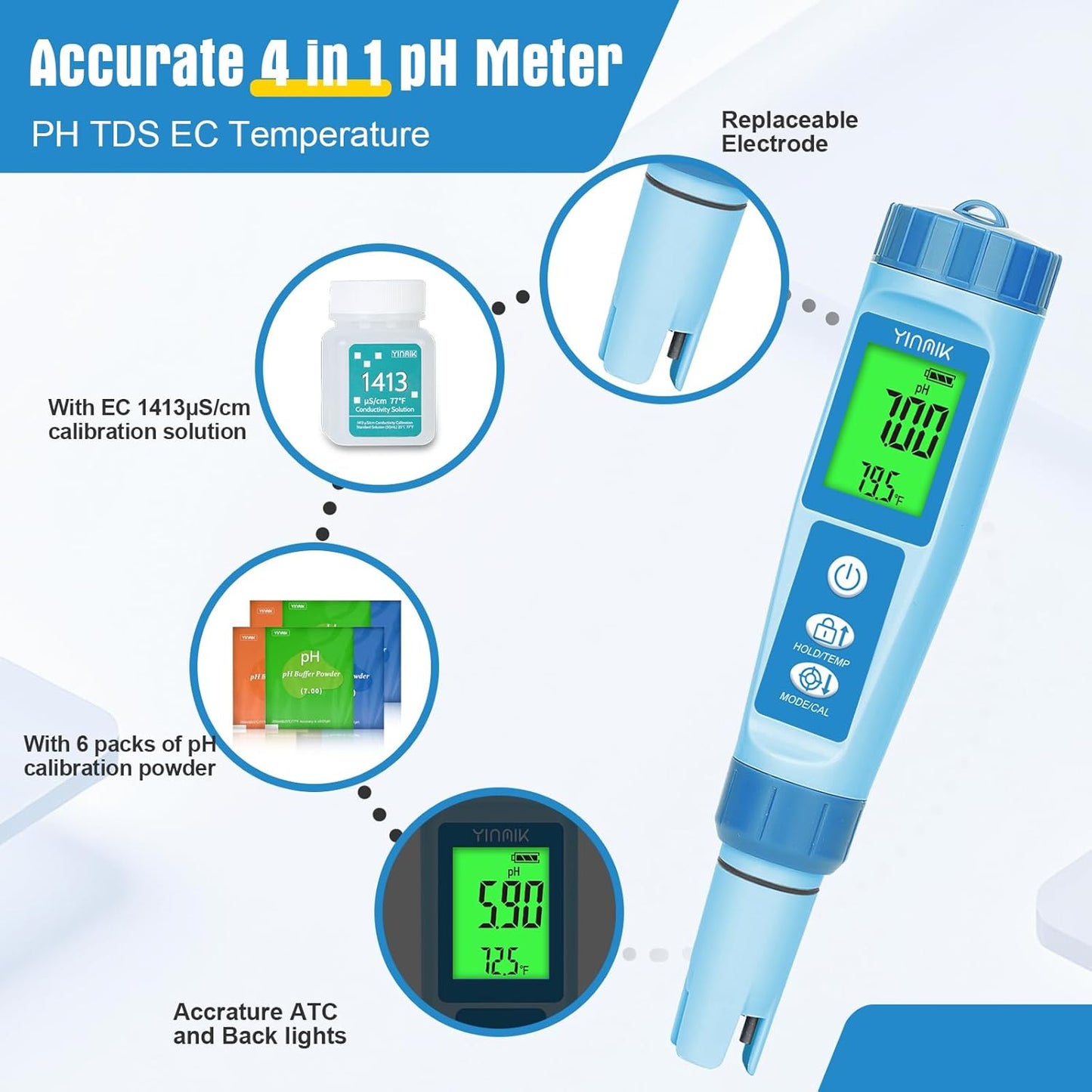 YINMIK Water pH Meter, Digital 4 in 1 pH Temp EC TDS Meter for Hydroponics, PH Conductivity PPM Tester with EC Calibration Liquid, Suit for Growing Nutrients,Reservoir Tank,DWC,Brewing,Pool, Aquarium