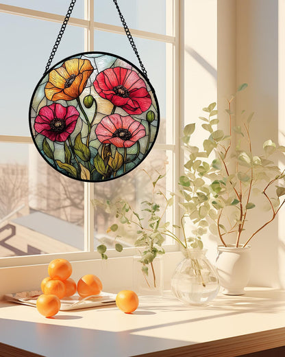 Stained Glass Suncatcher, Red Orange Poppy Flowers Sun Catcher Silver Background Wildflowers Window Hanging Decor Christmas Mother Birthday Gifts for Women Men Mom Nana 6.3 in