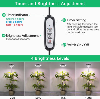 LORDEM Black Full Spectrum LED Grow Light, 72 LEDs, 4 Brightness Settings, Auto On/Off Timer, Height Adjustable, Ideal for Large Plants