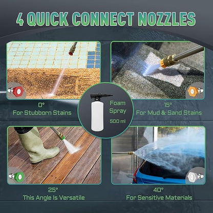 Pressure Washe Touch Screen Adjustable Pressure Power Washer with 4 Quick Connect Nozzles,Inlet Hose & Filter, Foam Cannon for Cars/Fences/Driveways Cleaning