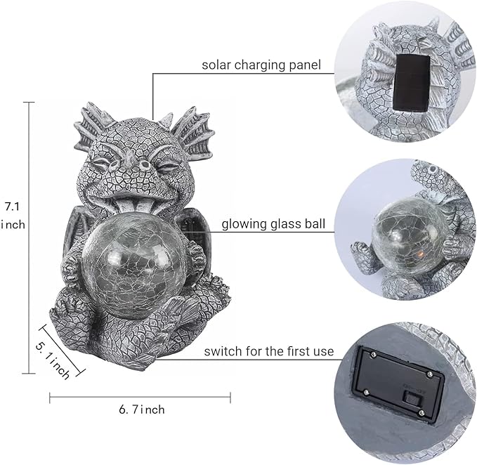 Garden Dragon Statue Solar Powered Outdoor Figurine Light Decor Cute and Hold Glowing Glass Ball Resin Sculpture Home Decoration for Porch Patio Lawn Farm Yard Housewarming Ornament Gift