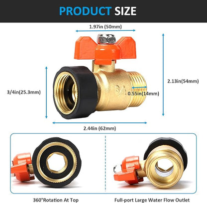 Garden Hose Brass Shut Off Valve Full Flow, No Restricted-Flow Water Shut-Off Connector, 3/4" GHT x 3/4" GHT Garden Hose Full Port Ball Valve Adapter