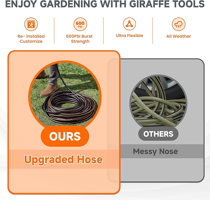 Giraffe Tools Leader Hose 10ft x 5/8", Custom Length, Heavy Duty, No Kink, Flexible, Rubber Garden Hose, Leakproof Water Hose with Female to Female Fittings, 600 Burst PSI