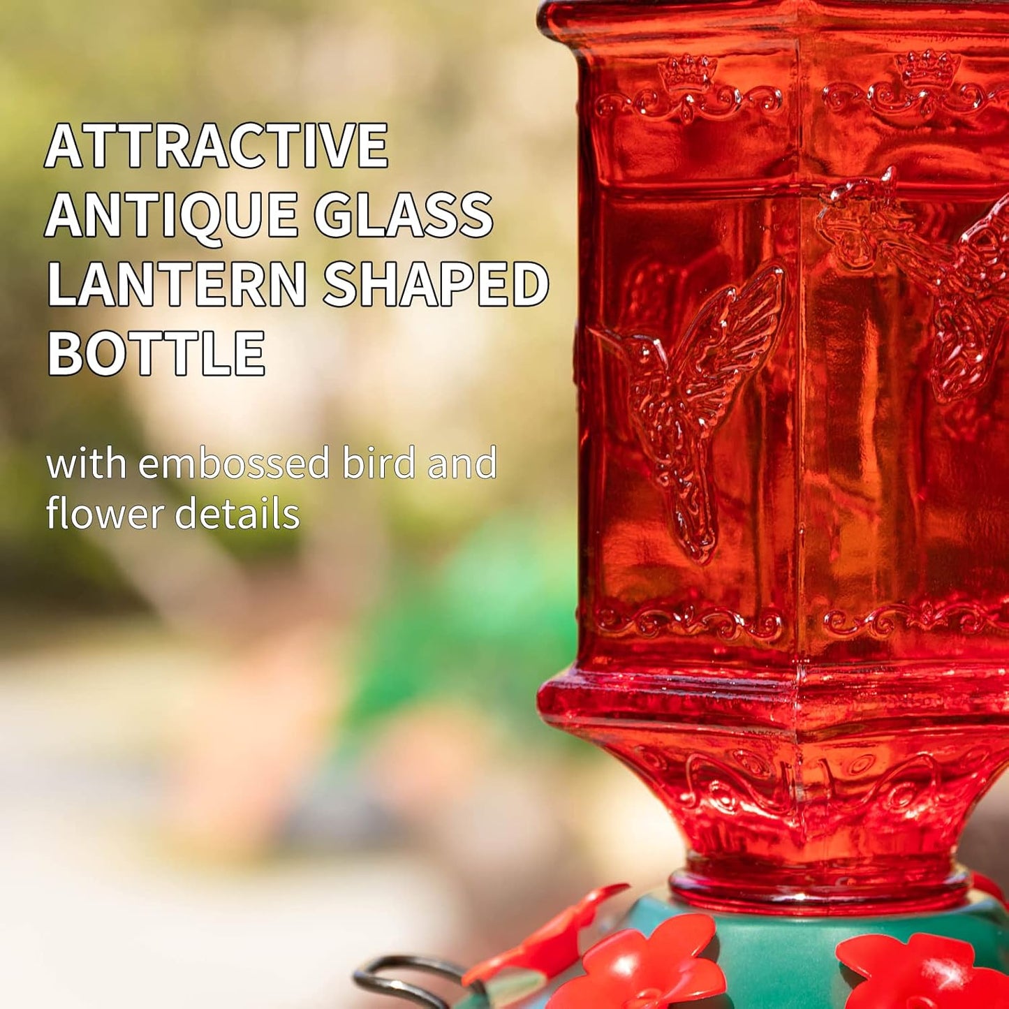 Hummingbird Feeder for Outdoors, Lantern Shaped Bottle, 6 Simulation Flowers Feeding Ports, 26 fl.oz, Hanging for Garden Yard, Rust Proof, Red(Ant Moat Included)