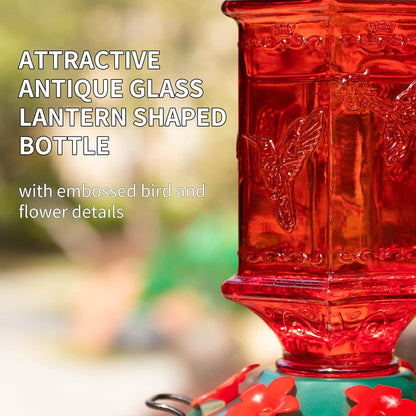 Hummingbird Feeder for Outdoors, Lantern Shaped Bottle, 6 Simulation Flowers Feeding Ports, 26 fl.oz, Hanging for Garden Yard, Rust Proof, Red(Ant Moat Included)