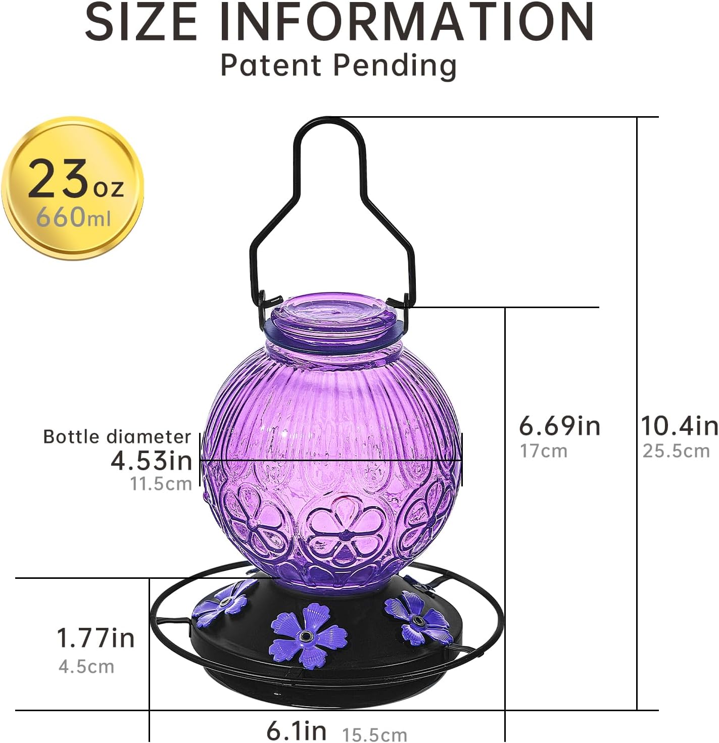 Glass Hummingbird Feeders for Outdoors Hanging, 23Oz Humming Bird Nectar Feeders with Perch, 5 Flower Feeding Ports, Leak Proof Base and Hook for Garden Decor, Gifts for Mom Women (Purple)