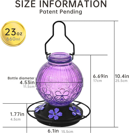 Glass Hummingbird Feeders for Outdoors Hanging, 23Oz Humming Bird Nectar Feeders with Perch, 5 Flower Feeding Ports, Leak Proof Base and Hook for Garden Decor, Gifts for Mom Women (Purple)