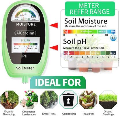 Soil Test Kit, 2-in-1 Soil Moisture Meter, Soil pH Meter -Dual Dial-Simultaneously-Display Results-Soil pH Tester, Moisture Meter for Garden,Lawn,Farm Indoor&Outdoor Plants-Teargreen
