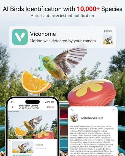 2K Smart Bird Feeder with Camera for Outdoor, Solar Powered, AI Identify 10,000+ Birds, 1.8L, IP65 Waterproof, Squirrel Proof, Live View Alerts, Various DIY Addons, Ideal Gift for Bird Watching