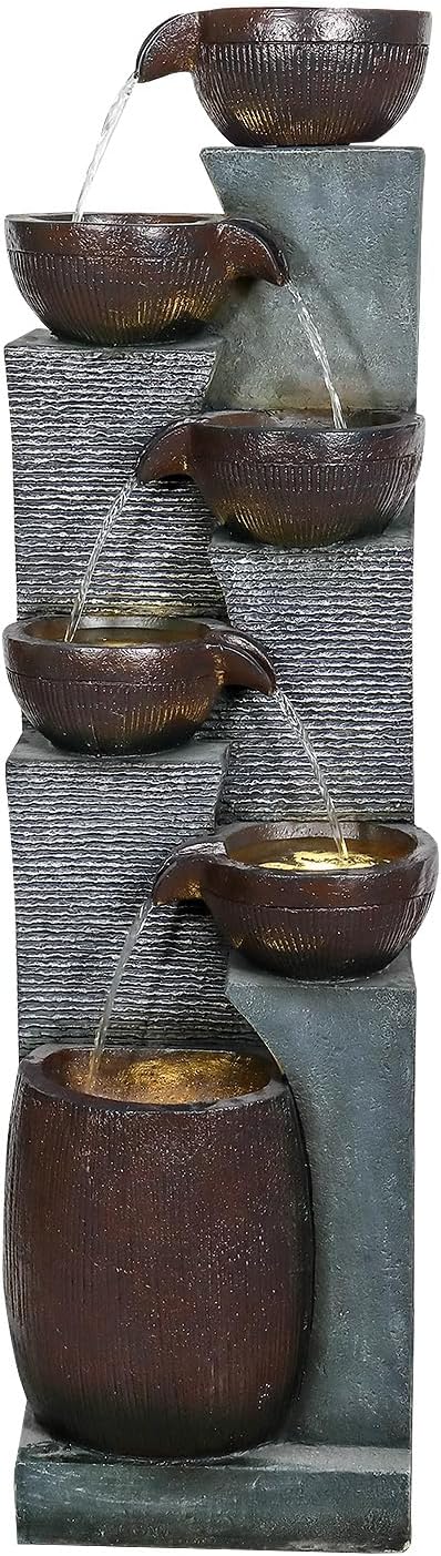 53.5in High Outdoor Indoor Water Fountain, 6-Tiered Poly-Resin Waterfall Fountain with LED Lights, Decorative Floor Standing Fountain for Garden, Patio, Yard, Home Decor
