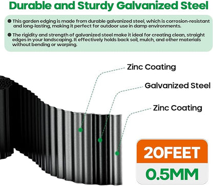 Corrugated Metal Garden Edging, Sturdy Tall Landscape Edging Borders, Perfect DIY for Flower Beds, Lawn and Pathway, Tree Surrounds, Paver Edges (Black, 10"×20FT)