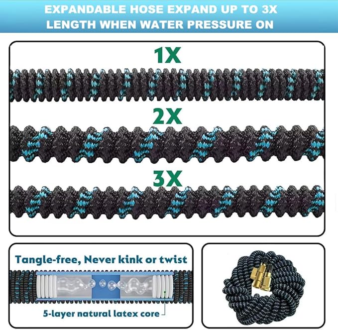 50 ft Expandable Garden Hose - Kink Free Flexible Water Hose 50ft with 10 Pattern Spray Nozzle, 3/4 Solid Brass Connectors, Retractable Latex Core - Lightweight Expanding Hose