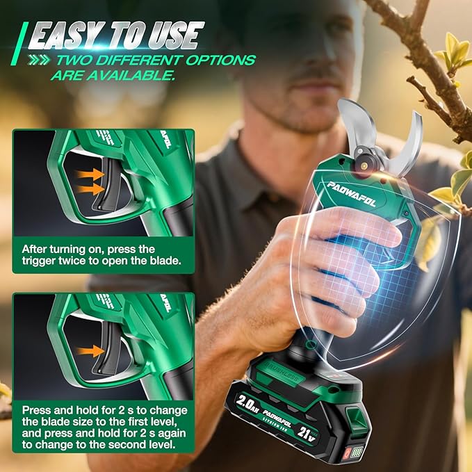 Electric Pruning Shears, 1.4 inch (35mm) Cutting Diameter Cordless Electric Scissors with LCD Display, 21V Brushless Motor Branch Cutter with 2 PCS Rechargeable 2000mAh Batteries & 2 Blades