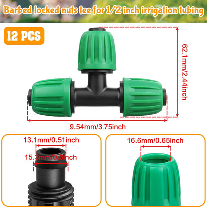 Drip Irrigation 1/2" Tee Fittings：1/2 Inch Drip Line Lock Barbed Tee Connectors for Drip Irrigation Tubing (1/2" ID x 0.640" OD) Anti-Drop Three Way Drip Irrigation Parts (12 Pieces)