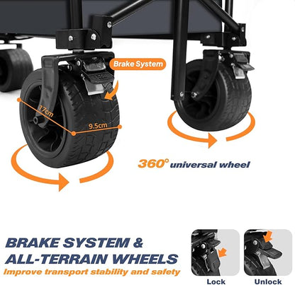 Chihee Garden Cart Collapsible Outdoor Utility Wagon Cart,Folding Beach Cart Oversized Capacity 254L,Heavy Duty Portable Wagon All Terrain Wheels Oversized Side Pocket 2 Drink Holders for Camping