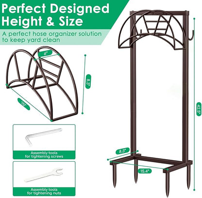 TomCare Garden Hose Holder Upgraded 4 Spikes Water Hose Holder with 2 Tool Hooks Sturdy Hose Reel Holds 150ft Hose Freestanding Hose Stand Hose Hanger Hose Storage for Outside Yard Lawn, Bronze