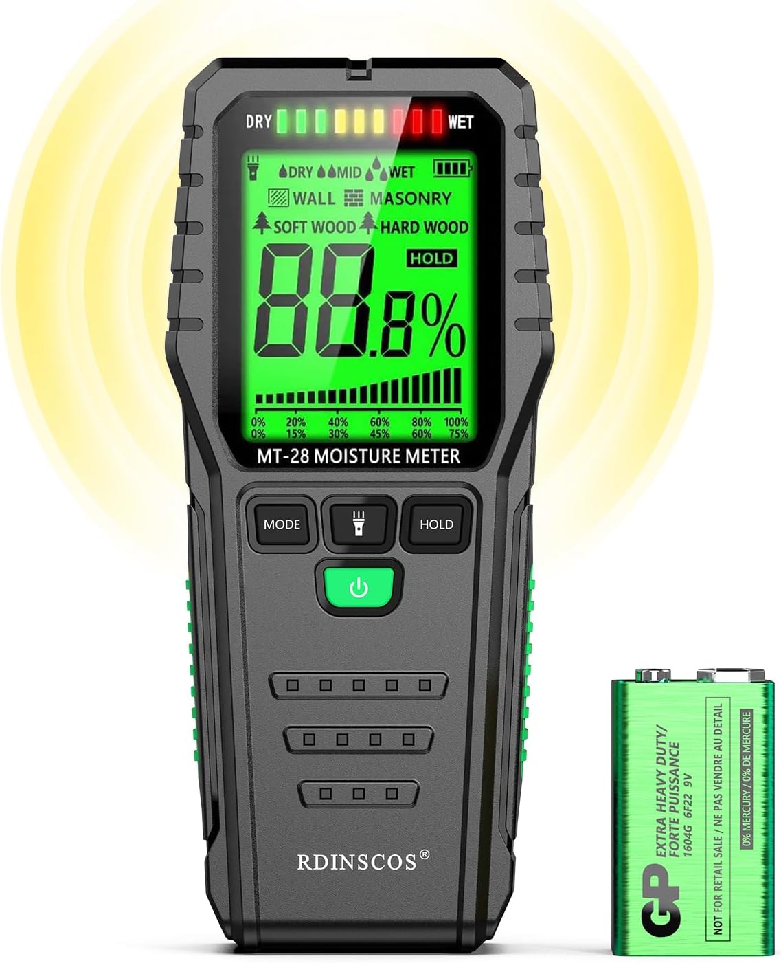 RDINSCOS Pinless Moisture Meter for Leak Detection, Water Damage Detector for Wood, Drywall, Concrete & Building Materials – Easy Calibration, Data Hold, and Flashlight – Moisture Tester for Basement