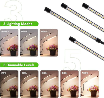 Plant Lights for Indoor Growing, Full Spectrum 4 Heads Clip Grow Lamps with 10 Feet Cables for Houseplants, Auto On Off Timing 3 9 12Hrs(2 Pack)