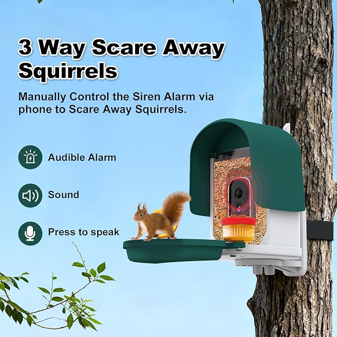 Bird Feeder Camera with 4K HD, App Alerts & Two-Way Audio, Solar Panel, 32GB Card 4-in-1 Perch, 160° View, Auto Detect & AI Identify - Wireless Outdoors Weatherproof Design (Army Green)