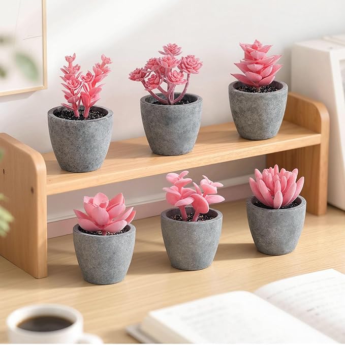 DomeStar 6PCS Small Fake Succulents Plants, Pink Artificial Plants Office Living Room Kitchen Bathroom Decor Desk Decor for Women