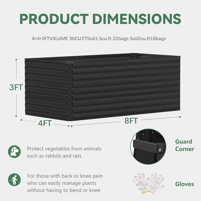 FOOWIN 2pcs 8x4x3ft Galvanized Raised Garden Bed, Planter Raised Garden Boxes Outdoor, Large Metal Raised Beds for Gardening, Garden Bed for Vegetables, Flowers, Herb, Black