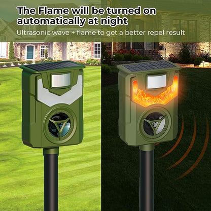 Solar Animal Repeller Ultrasonic Deer Repeller Fox Deterrent with 5 Modes Motion Sensor Flame Light for Repel Squirrel Cat Dog Outdoor Lawn Orchard Garden
