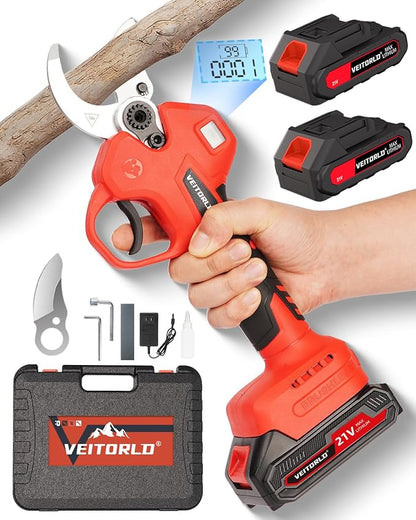 VEITORLD Electric Pruning Shears, Upgraded 1.6" Cutting Diameter Cordless Pruner with Brushless Motor, 2 * 2000mAh Rechargeable Batteries & SK5 Blade, Effortless Garden Pruning Tool for Tree Branches