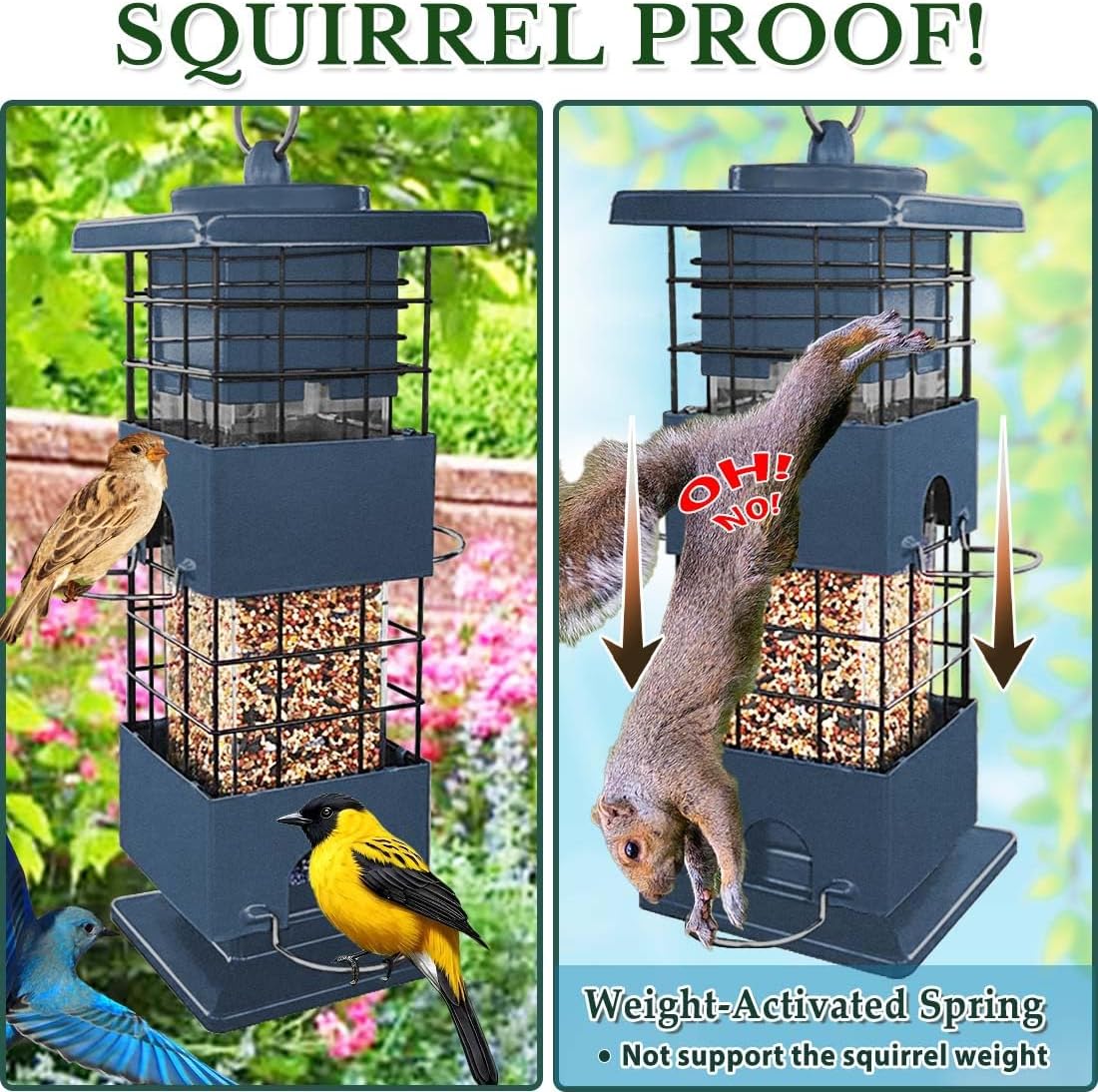 Squirrel Proof Bird Feeder, Metal Bird Feeders for Outdoors, 3 Lbs Birdfeeder Outside Hanging, Weight Activated Spring, 4 Feeding Ports, Cardinals, Finches & Sparrows, Wild Birds, Blue