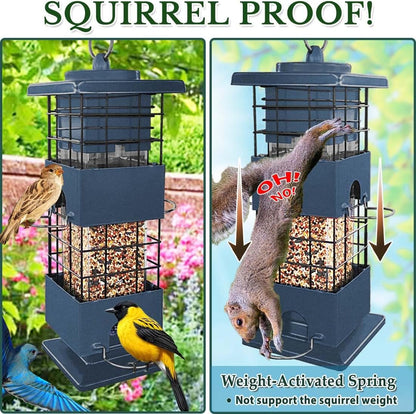 Squirrel Proof Bird Feeder, Metal Bird Feeders for Outdoors, 3Lbs Birdfeeder Outside Hanging, Weight Activated Spring, 4 Feeding Ports, Cardinals, Finches & Sparrows, Wild Birds (Blue)