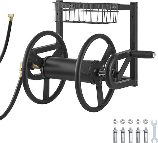 VEVOR Wall Mounted Garden Hose Reel, Holds 125 ft 5/8-inch Hose, Heavy-Duty Water Hose Winder, Space-Saving Design, Outdoor Manual Reel with Brass Fitting and Storage Basket for Yard Lawn