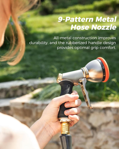 Retractable Garden Hose Reel 5/8 in x 100 ft Professional Metal Bracket & 9-Pattern Metal Nozzle UV Resistant Brass Fitting Heavy Duty Wall Mount Any Length Lock Slow Retraction 180° Swivel