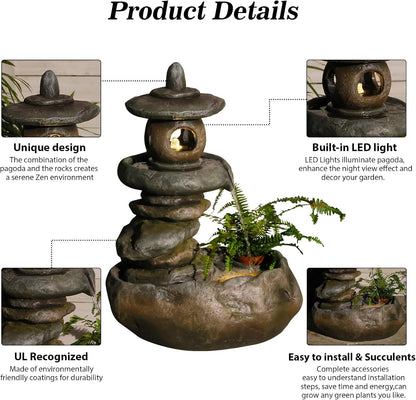 28" H Imitation Rock Pagoda Design Outdoor&Indoor Cascading Water Fountain, Natural Zen Decor Waterfall with LED Lights - Suitable for Garden/Patio/Yard/Deck/Balcony and Home Art Decor （Resin）