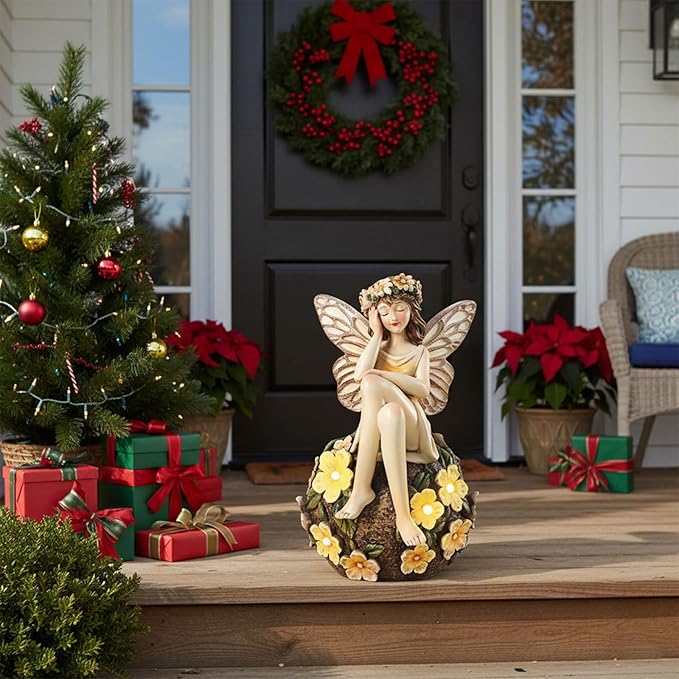 Solar Fairy Statue Sitting on The Flower Ball Light 6.8" Angel Statues for Garden Yard Patio Porch Lawn Decor Resin Fairy Figurine Outdoor Waterproof Angel Gifts for Women Mom Sister